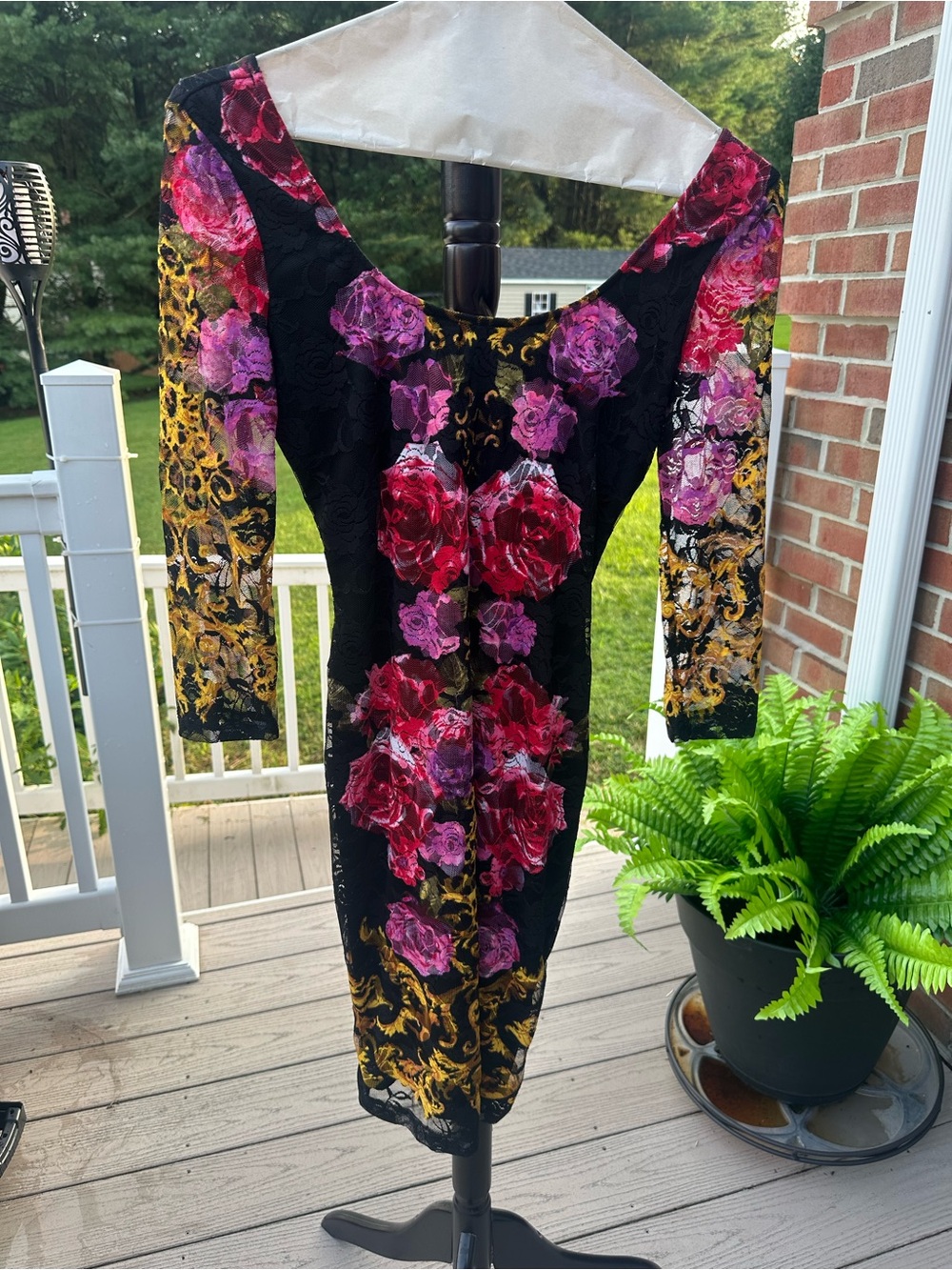 VENUS Black Lace bodycon Dress with Red & Pink Rose Print